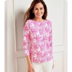 Talbots Womens 2X Pink White Floral Pom Pom 3 4 Sleeve Cotton Summer Top NEW